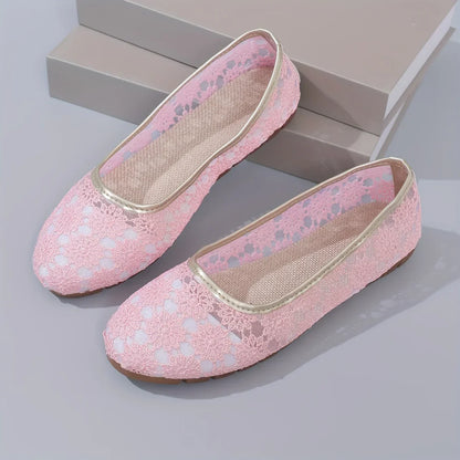 Rosa Damen-Ballerinas aus Spitze, flach, elegant, bequem, modisch, für Alltag und Freizeit.