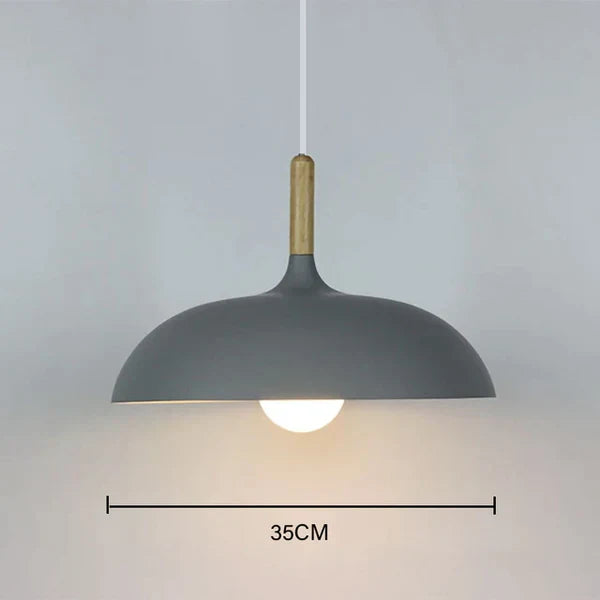 Graue Pendelleuchte, 35 cm, Holzgriff, modernes Design, Innenbeleuchtung, minimalistisch.