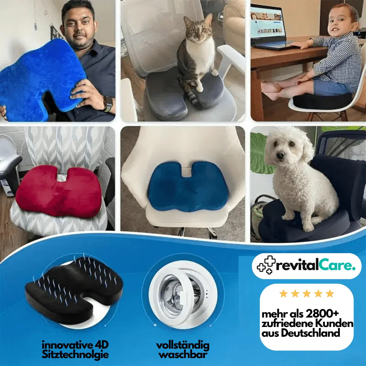 Orthopädisches Sitzkissen, blau, ergonomisch, waschbar, für Bürostuhl, Rückenschmerzen Linderung.