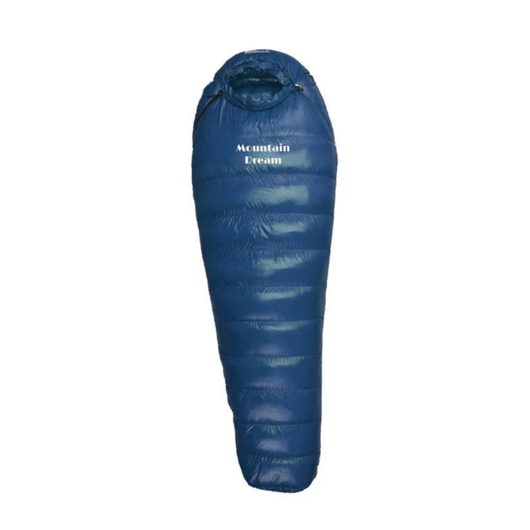 Blauer Daunenschlafsack "Mountain Dream", mumienförmig, ideal für Outdoor-Camping.