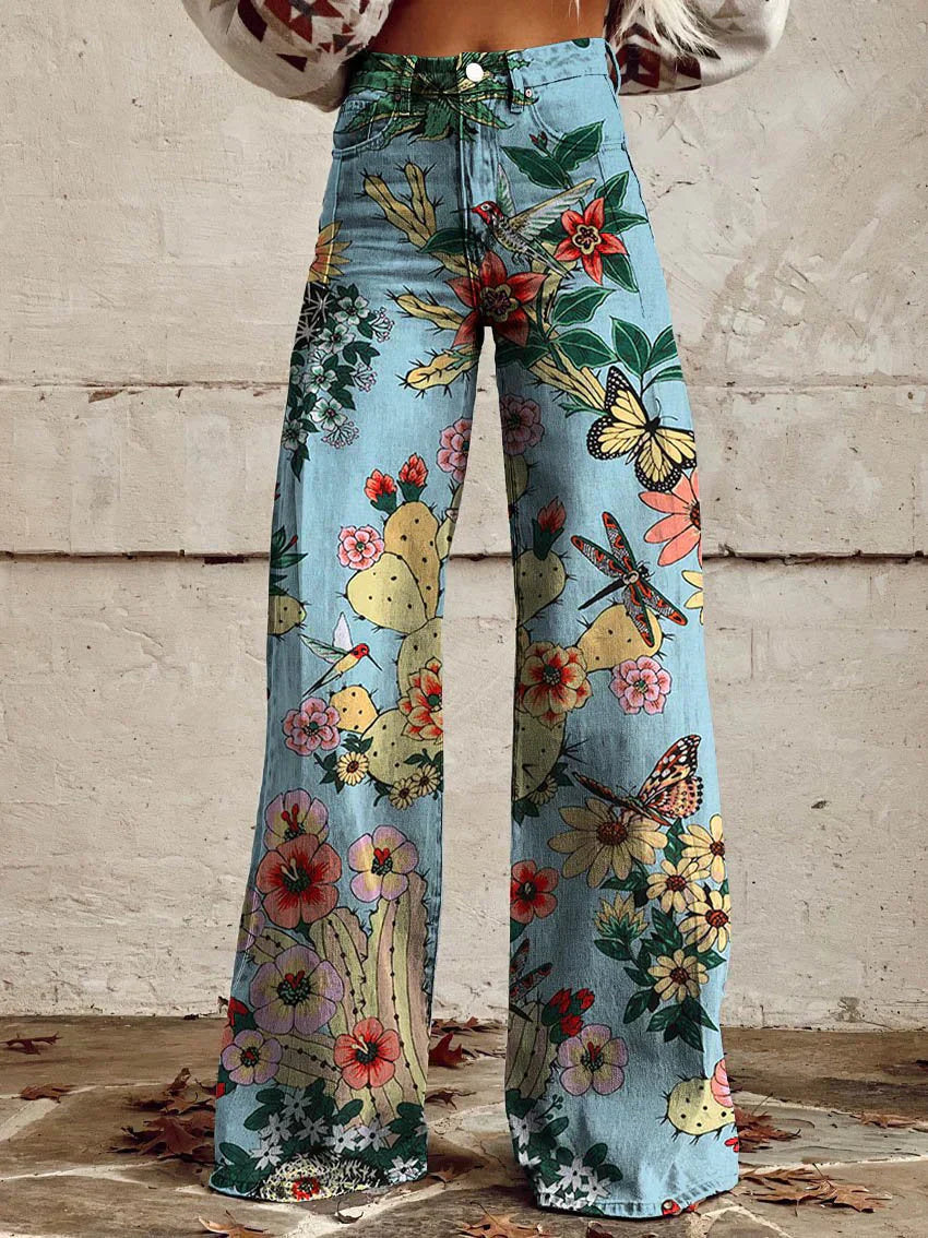 Damen-Jeans mit Blumenmuster, Schmetterlingen, Weitbeinform, Blau, Boho-Stil, Baumwolle