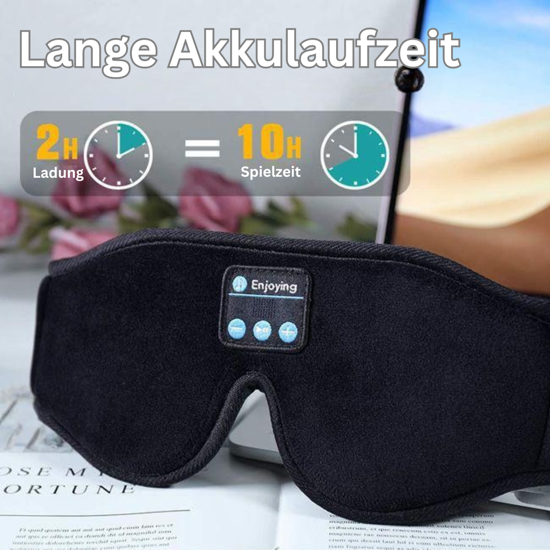 Schwarze Bluetooth-Schlafmaske, lange Akkulaufzeit, 2h Laden, 10h Spielzeit.