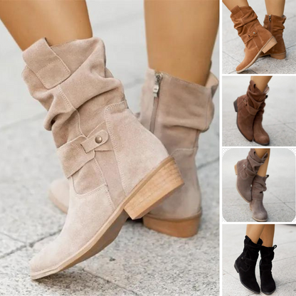 Damen Winterstiefel, beige, niedriger Absatz, Wildleder, runde Spitze, Plus Size, modisch.