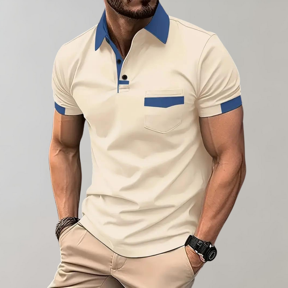 Herren Poloshirt beige-blau, Kurzarm, Baumwolle, modisch, Freizeitkleidung, Sommermode.