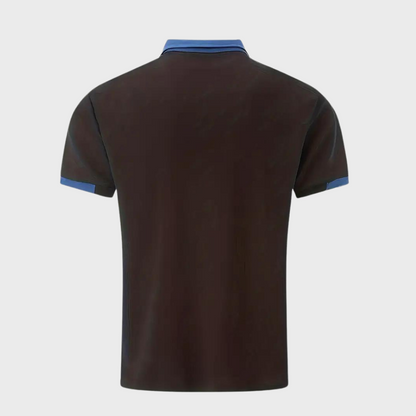 Schwarzes Polohemd mit blauen Akzenten, Kurzarm, Herrenmode, Baumwolle.