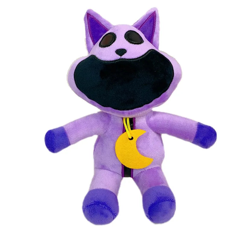 Lila Plüschkatze mit Mondanhänger, weiches Spielzeug, Kinderzimmer-Dekoration.
