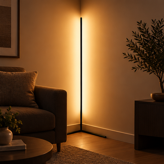 Svart golvlampa i ett rumshörn lyser varmt längs väggarna bredvid en mörk soffa, en växt och ett sidobord. 1