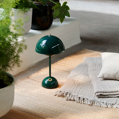 Grön lampa på ett golv bredvid krukväxter och ett vikt grått pläd på en matta 9