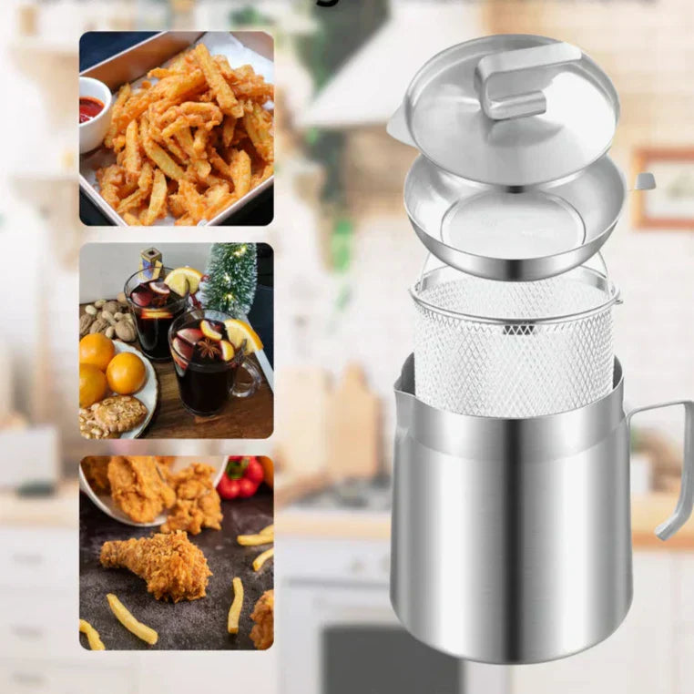 Edelstahl-Fritteuse mit Sieb, Pommes, Hähnchen, Glühwein, Küche, Kochen, Ölfilter.