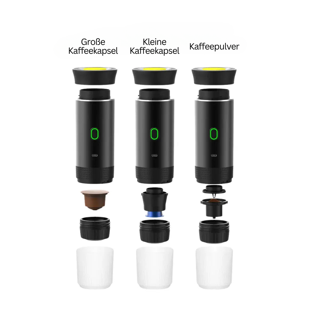 Tragbare Espressomaschine mit Kaffeekapseln, schwarz, kompakt, ideal für unterwegs.