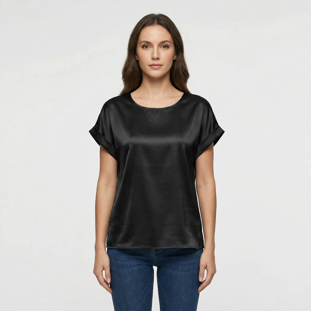 Glossy Short-Sleeve Relaxed Top - Natasha