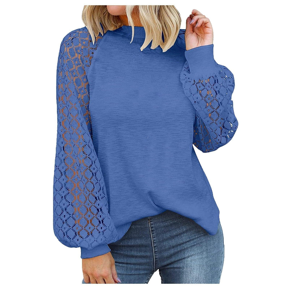Damenpullover blau, Spitzenärmel, Strick, modisch, lässig, Herbstmode, elegant.
