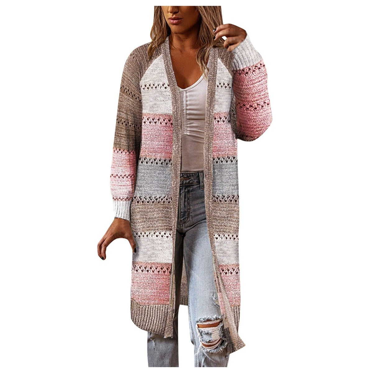 Damen Strickjacke, lang, gestreift, beige-rosa, lässig, Herbstmode, gemütlich, modisch.