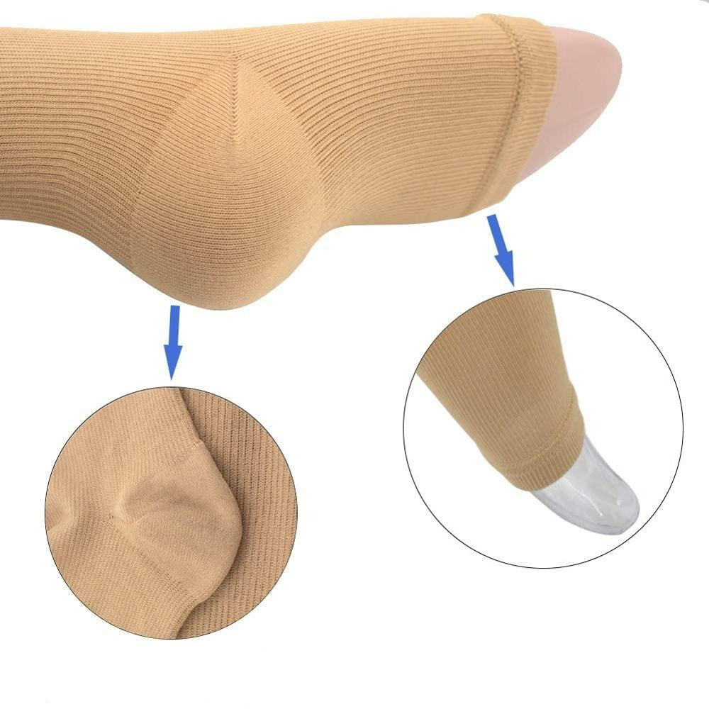 Beige Kompressionsstrümpfe mit Zehenöffnung, nahtlos, elastisch, für bessere Durchblutung.