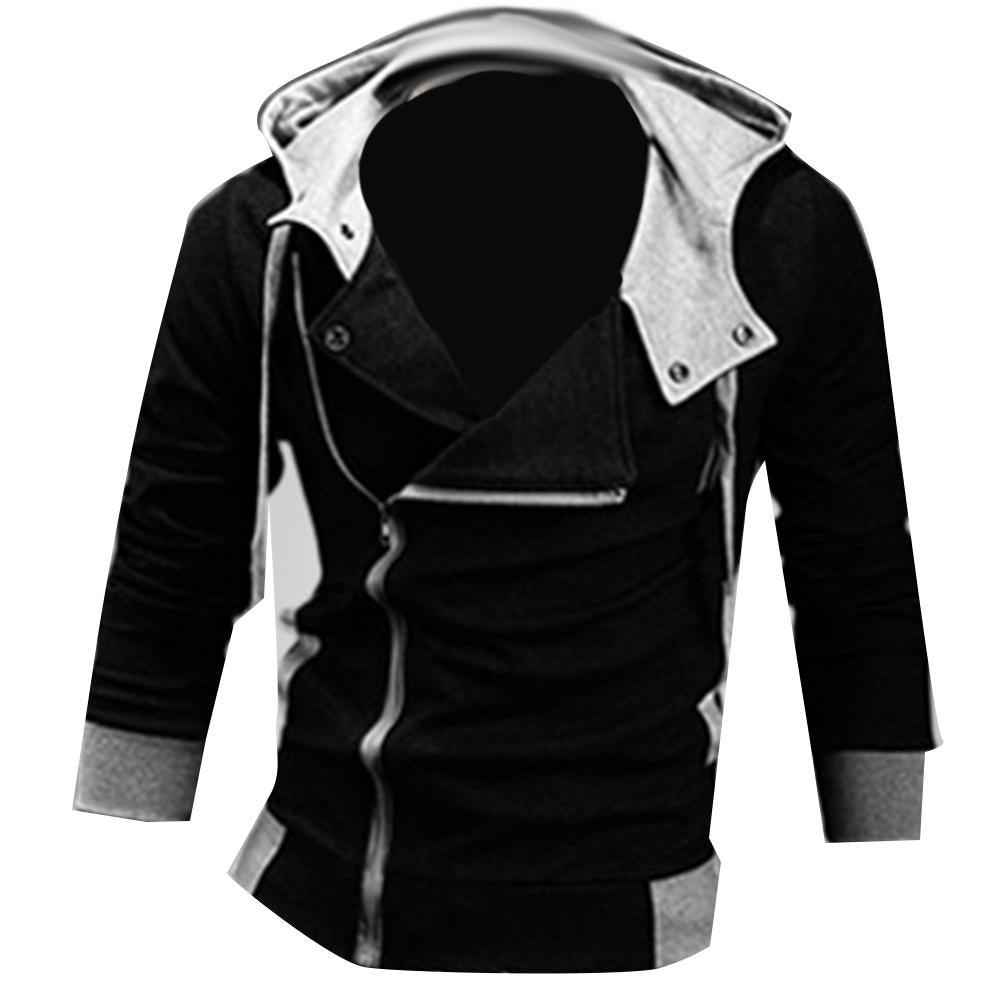 Schwarze Herrenjacke mit Kapuze, Reißverschluss, Baumwolle, modisch, lässig, Herbstbekleidung.