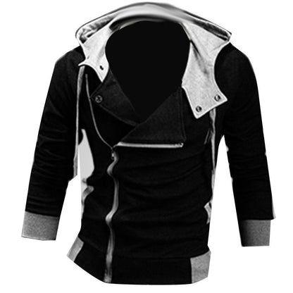 Schwarze Herrenjacke mit Kapuze, Reißverschluss, Baumwolle, modisch, lässig, Herbstbekleidung.