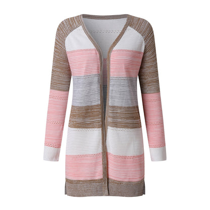 Damen Strickjacke, gestreift, rosa-beige, langarm, offener Stil, modisch, bequem.