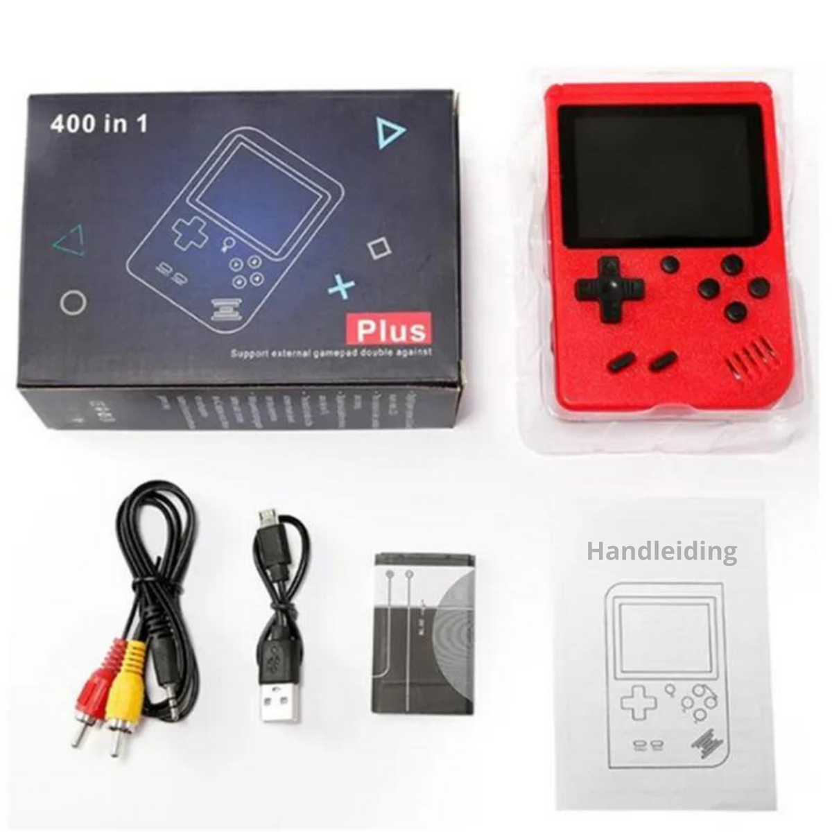 Rote tragbare Spielkonsole mit 400 Spielen, USB-Kabel, AV-Kabel, Anleitung, Verpackung.
