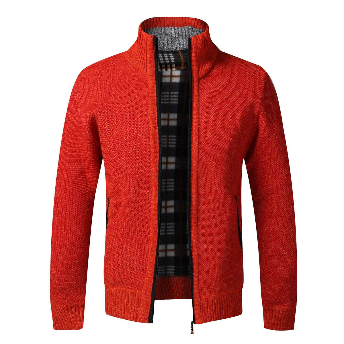 Rote Strickjacke mit Reißverschluss, kariertes Innenfutter, Herrenmode, Winterbekleidung.