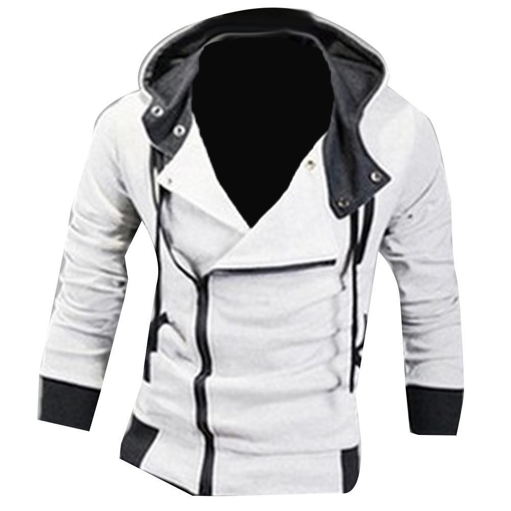 Weiße Herrenjacke mit Kapuze, Reißverschluss, schwarz-weiße Kontraste, modisch, bequem.
