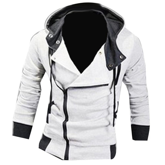 Weiße Herrenjacke mit Kapuze, Reißverschluss, schwarz-weiße Kontraste, modisch, bequem.