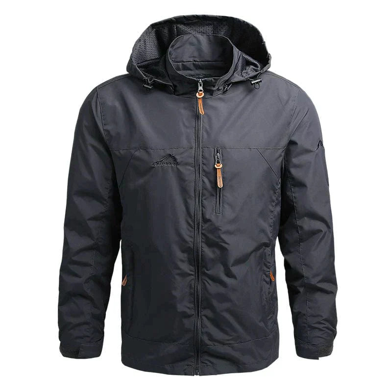 Schwarze Herren-Windjacke mit Kapuze, Reißverschlusstaschen, wasserabweisend, Outdoor-Bekleidung.