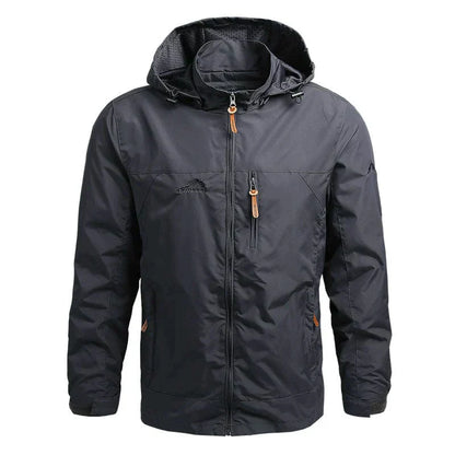 Schwarze Herren-Windjacke mit Kapuze, Reißverschlusstaschen, wasserabweisend, Outdoor-Bekleidung.