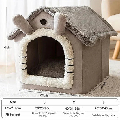 Graues, weiches Hundebett in Hausform mit abnehmbarem Kissen, geeignet für Katzen und kleine Hunde.