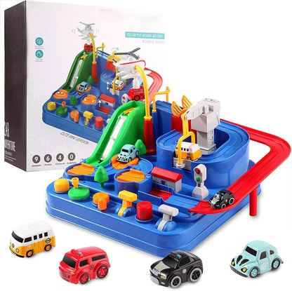 Blaues Spielzeug-Autorennbahn-Set mit Autos, interaktives Lernspielzeug für Kinder.