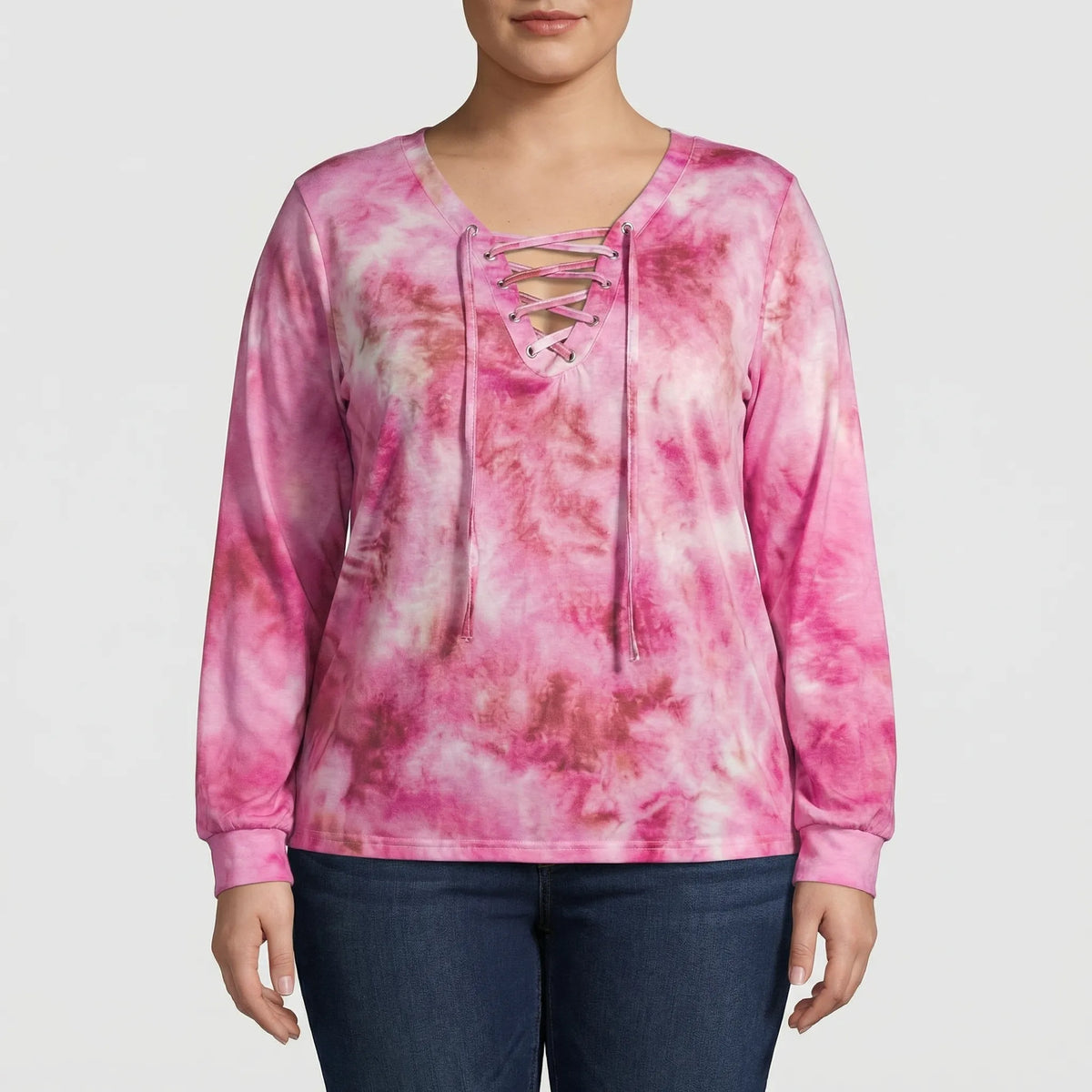 Plus Size Tie-Dye Lace-Up Top - Doreen
