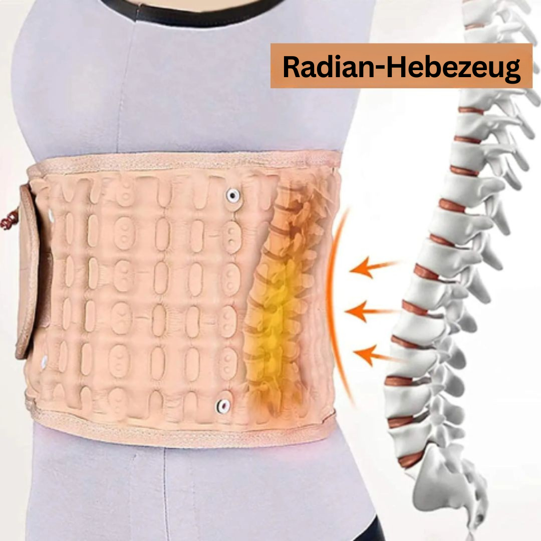 Beige Rückenstützgürtel mit Luftpolstern, Linderung von Rückenschmerzen, ergonomisches Design.