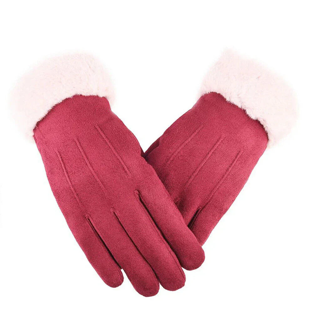 Rote Damenhandschuhe aus Wildleder mit weißem Kunstfell, winterfest, elegant, warm.