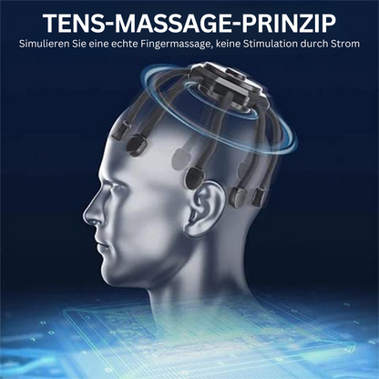 3D-Darstellung Kopf mit TENS-Massagegerät, Fingermassage-Simulation, keine Stromstimulation.