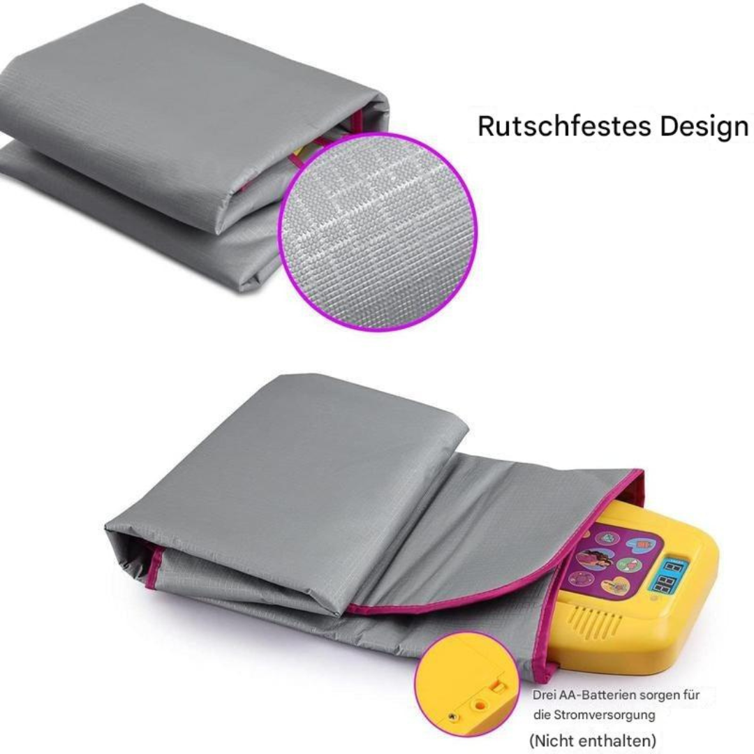 Graue Infrarot-Heizdecke mit rutschfestem Design, gelbem Steuergerät, batteriebetrieben.