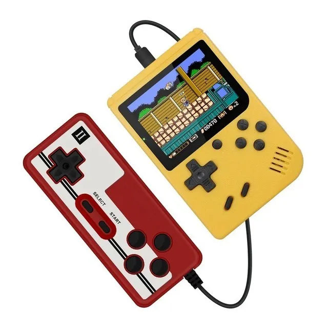 Gelbe Retro-Handheld-Konsole mit rotem Controller, 8-Bit-Spiele, tragbar, nostalgisch.
