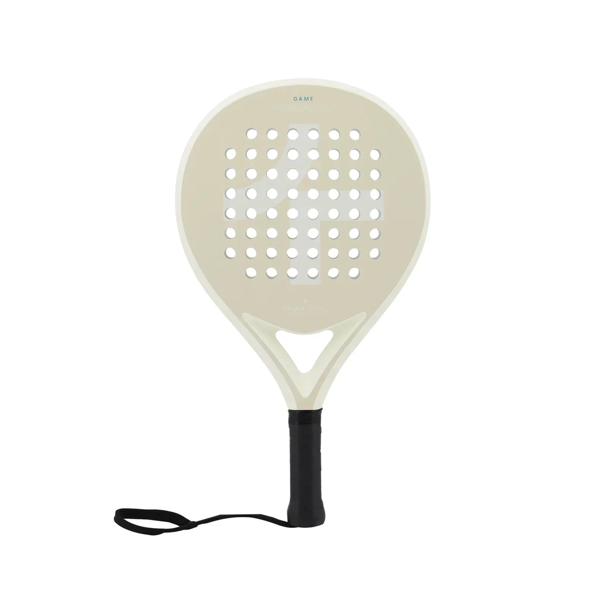 Beiger Padel-Schläger mit schwarzem Griff und Handschlaufe, ideal für Padel-Tennis-Spiel.