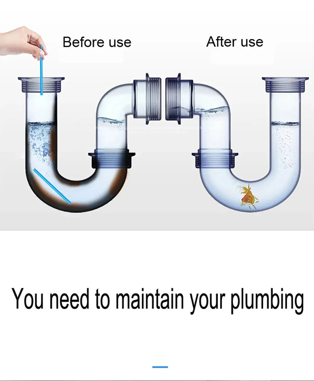 Transparenter Siphon mit Wasserfluss, Vorher-Nachher-Vergleich, Rohrreinigung, Abflussreinigung.