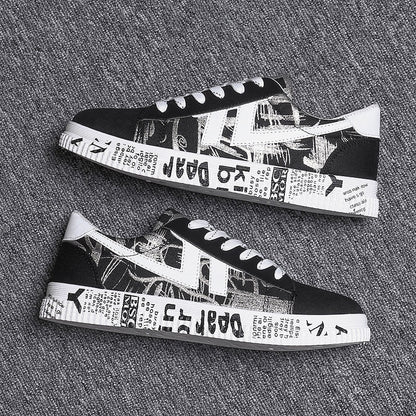 Schwarz-weiße Sneaker mit Zeitungsdruck, Canvas-Material, modisch, unisex, Straßenschuhe.