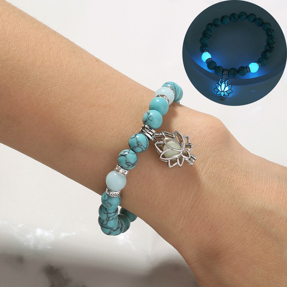 Türkisfarbenes Armband mit Lotus-Anhänger, leuchtend im Dunkeln, Damen-Schmuck.