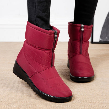 Rote Damen-Winterstiefel mit Reißverschluss, rutschfeste Sohle, warm gefüttert, modisch.