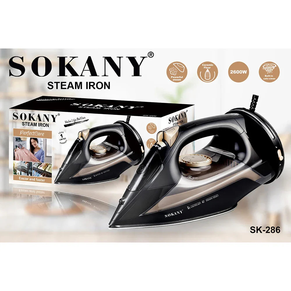 Sokany Dampfbügeleisen SK-286, 2600W, schwarz, Keramiksohle, Antihaft, Dampfstoßfunktion.