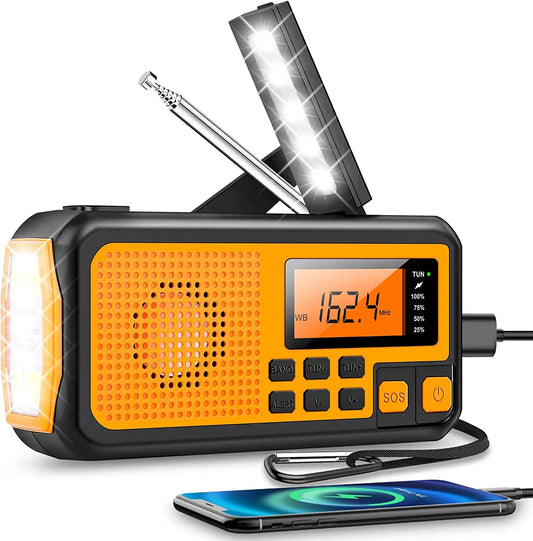 Tragbares Notfallradio mit Solarpanel, LED-Licht, USB-Ladefunktion, orange-schwarz.