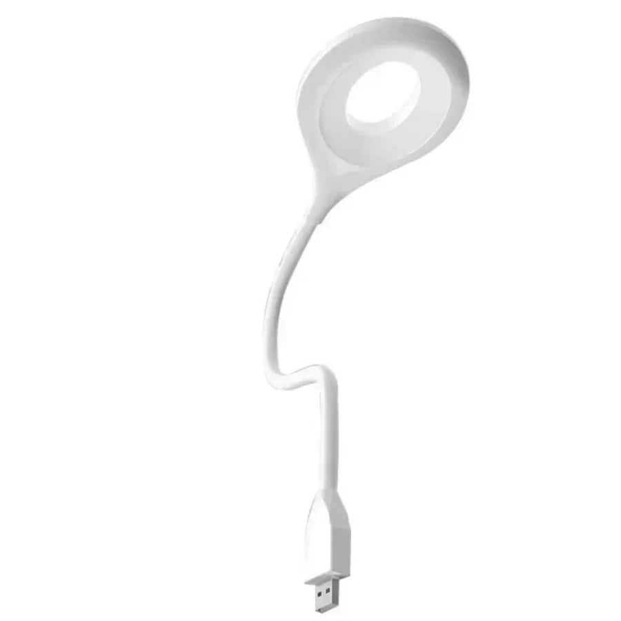 Weiße USB-LED-Leselampe, flexibler Hals, energiesparend, für Laptop und PC.
