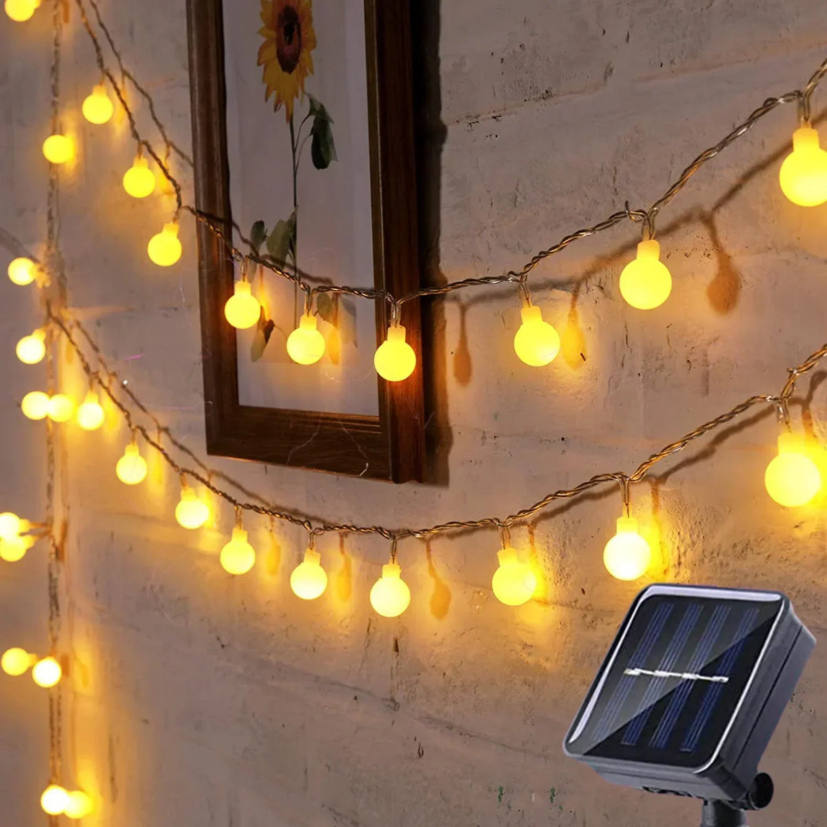 Solarbetriebene LED-Lichterkette, warmweiß, für Außenbereich, dekorativ, energiesparend.
