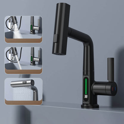 Schwarzer Wasserhahn mit LED-Temperaturanzeige, ausziehbarer Brausekopf, modernes Küchendesign.