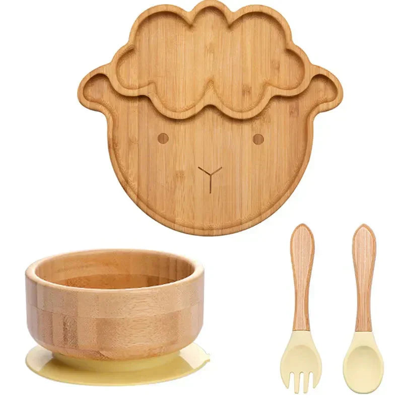 Bambus-Kindergeschirr-Set, Schaf-Design, Teller, Schüssel, Löffel, Gabel, umweltfreundlich