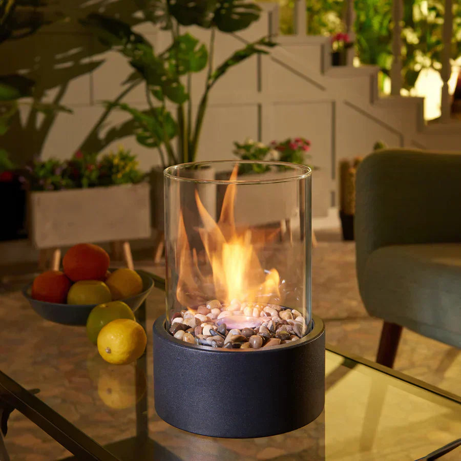 Tischkamin Glaszylinder mit Steinen, Bioethanol, modern, dekorativ, Wohnzimmer, gemütlich