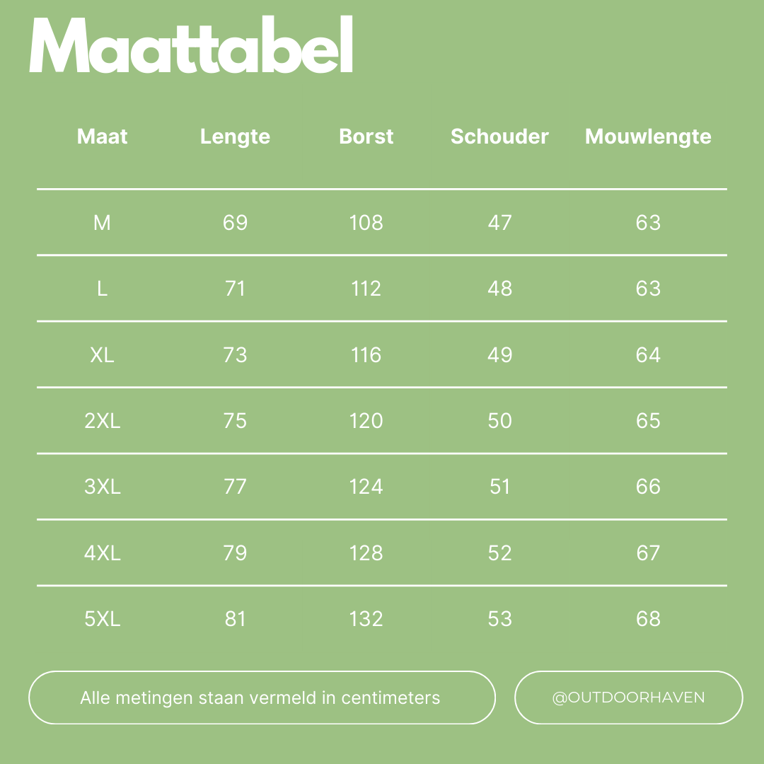 Größentabelle für Kleidung, Maße in cm, Größen M bis 5XL, grüne Hintergrundfarbe.