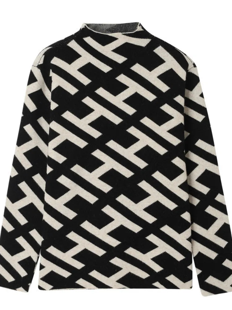 Schwarz-weißer Pullover mit geometrischem Muster, Unisex, Baumwolle, modisch, warm, Herbstmode.