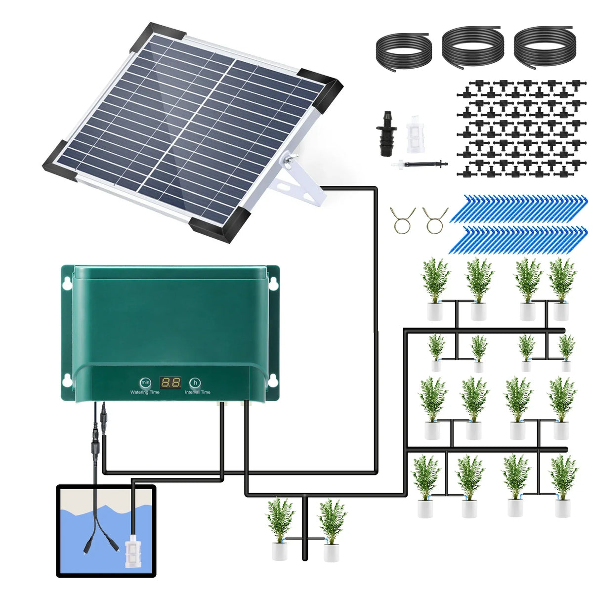 Solcellsdroppbevattningskit – automatisk bevattning med 30 lägen och 7 timers – AquaFlow